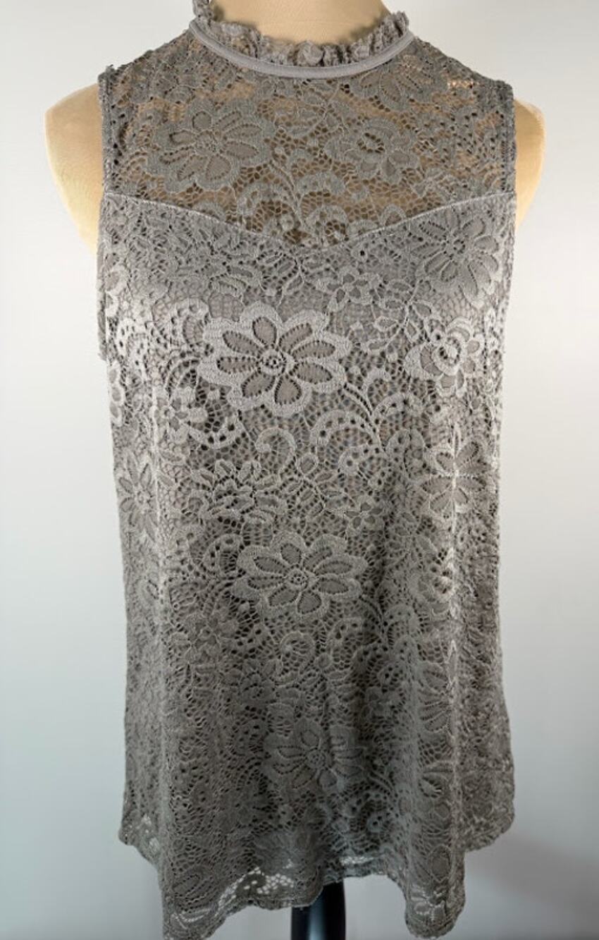 Apt. 9 Womens Sleeveless Lace Mock Neck Top M Taupe Gray Ruffle Collar Lined